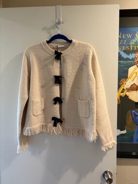 Zara Cream Bouclé Jacket with Black Ribbon Bows